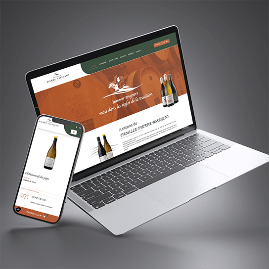 Un smartphone affichant le design responsive du site internet du Domaine Usseglio Raymond & Fils (producteur de Châteauneuf-du-Pape, vin bio)