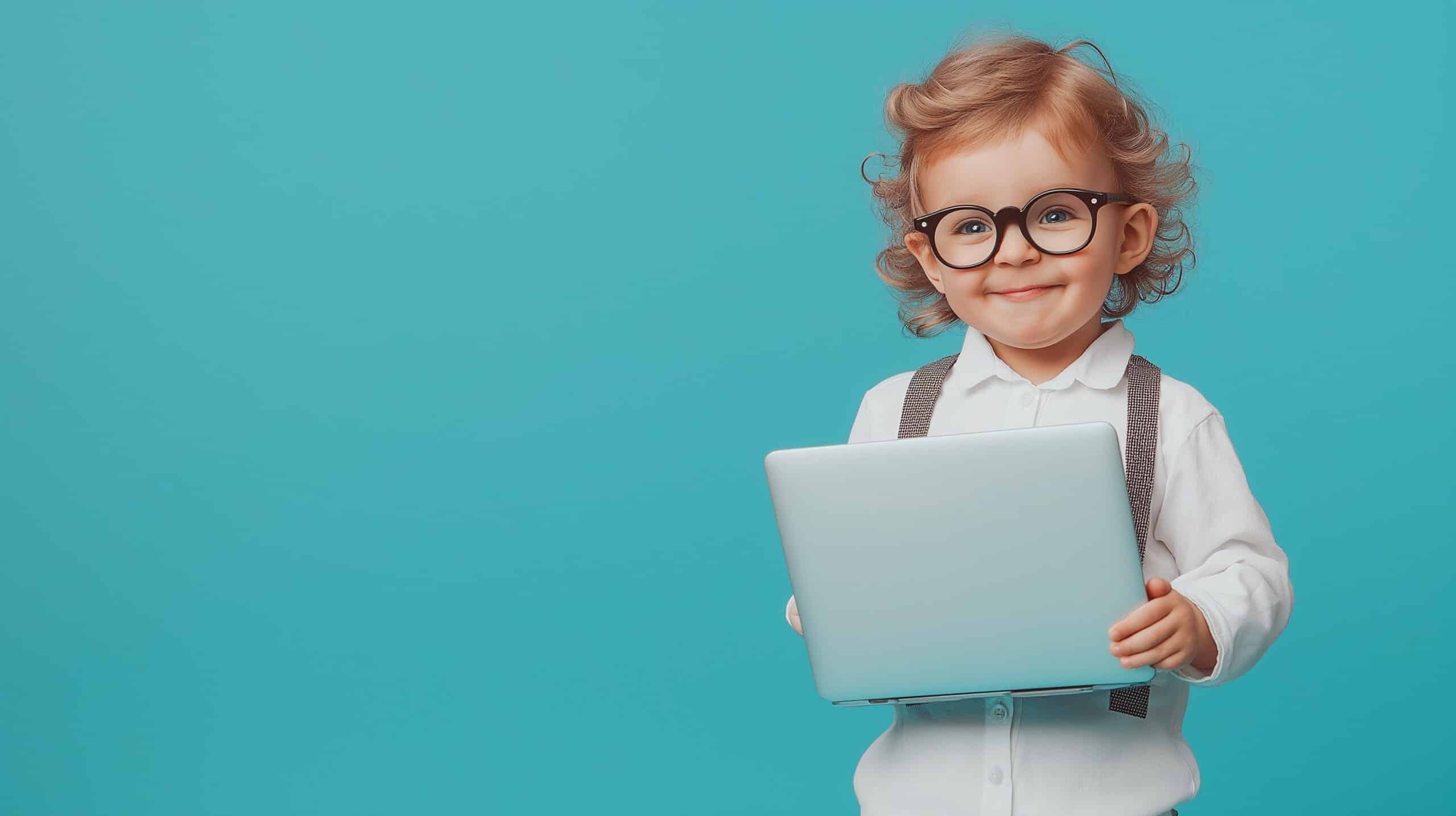 Enfant utilisant un ordinateur – Réalisations agence web Avignon Jeune enfant avec des lunettes tenant un ordinateur, illustrant la créativité et la technologie chez Azuracom, agence web à Avignon spécialisée en création de sites internet, identité visuelle, UX et référencement.