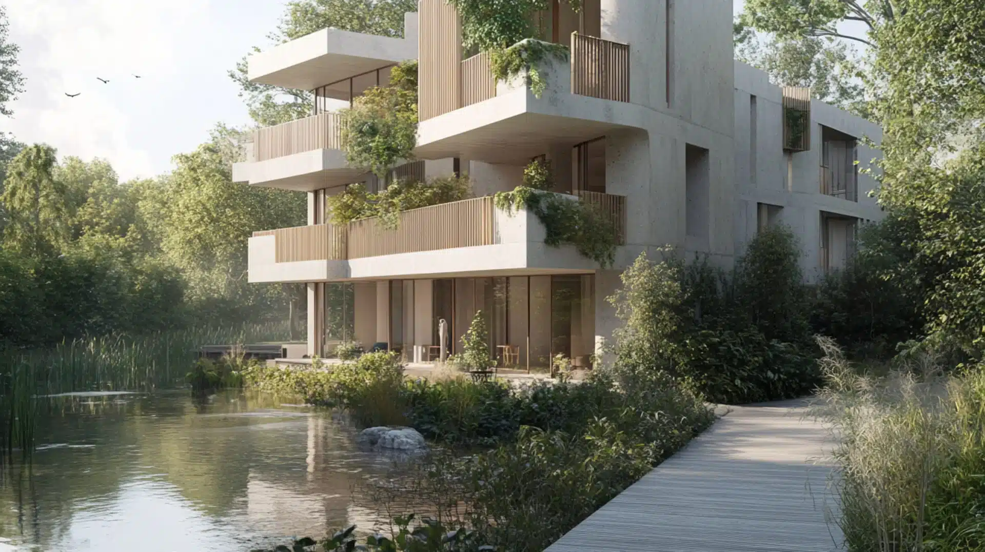 Résidence moderne entourée d’un étang et d’une végétation abondante, illustrant la mise en valeur d’un programme immobilier grâce à une création site immobilier sur mesure axée sur l’architecture et l’environnement