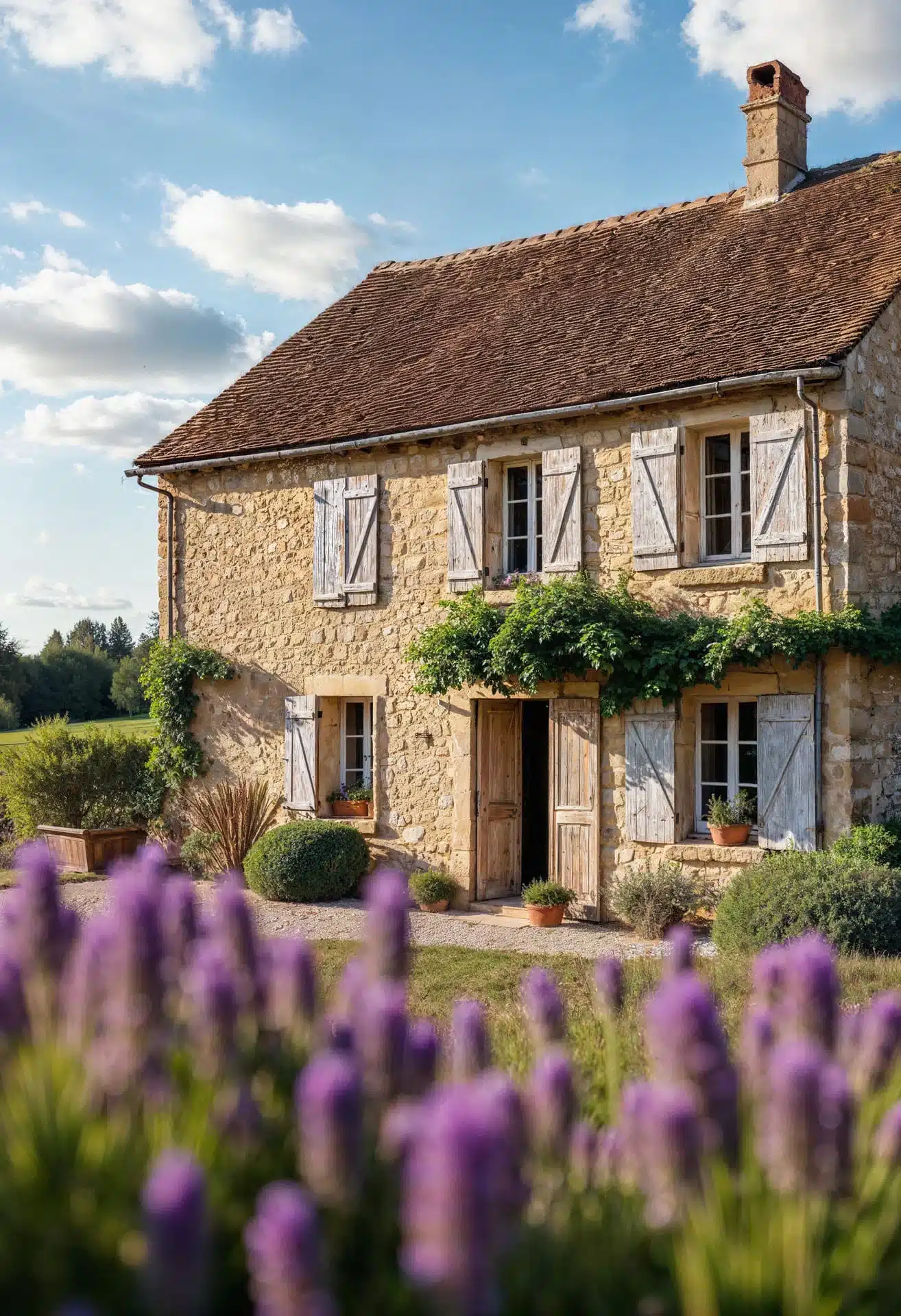 Maison en pierre de style traditionnel avec volets en bois et jardin fleuri, illustrant la valorisation d’un bien rural grâce à une création site immobilier sur mesure mettant en avant charme et authenticité