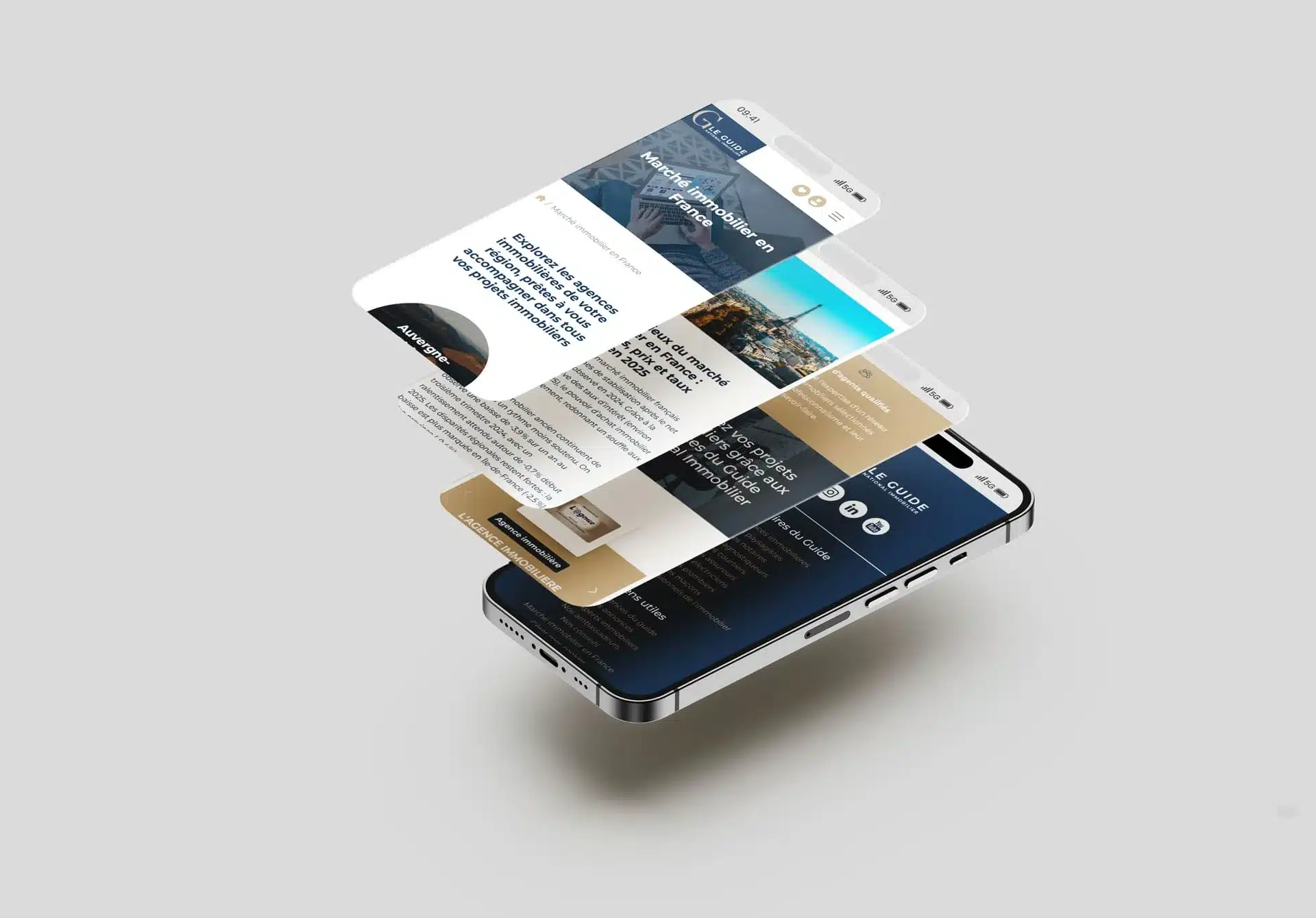 Maquette 3D montrant plusieurs écrans d’application immobilière flottant au-dessus d’un smartphone, illustrant la fluidité et le design soigné qu’offre une création site immobilier sur mesure
