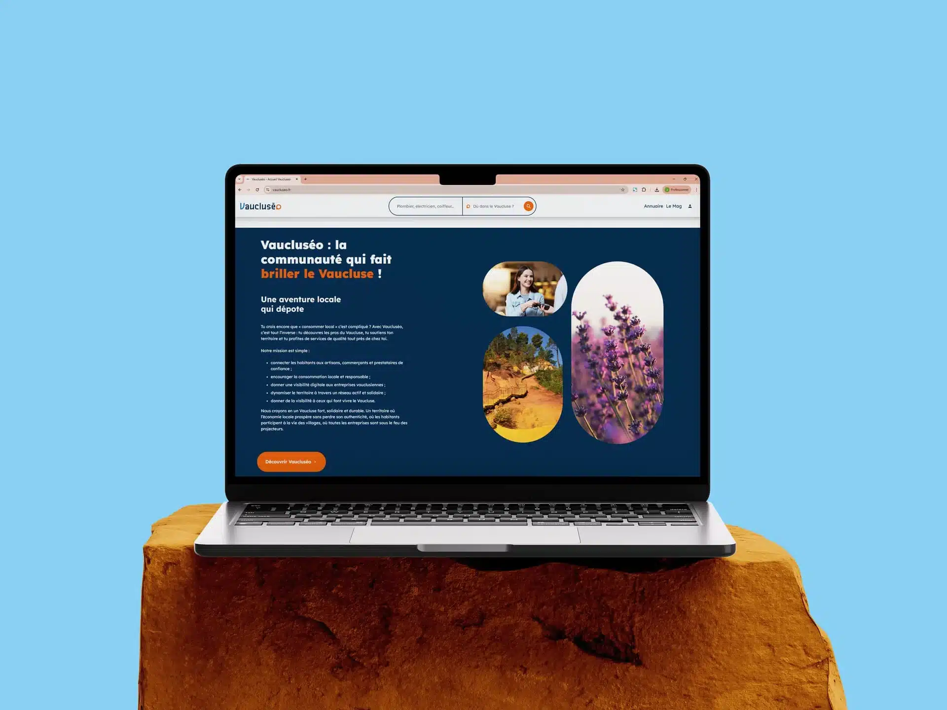 mockup-vaucluseo-website Ordinateur portable affichant l’interface d’une plateforme web illustrant le développement de plateforme sur mesure, avec visuels et contenu mettant en valeur une solution digitale personnalisée