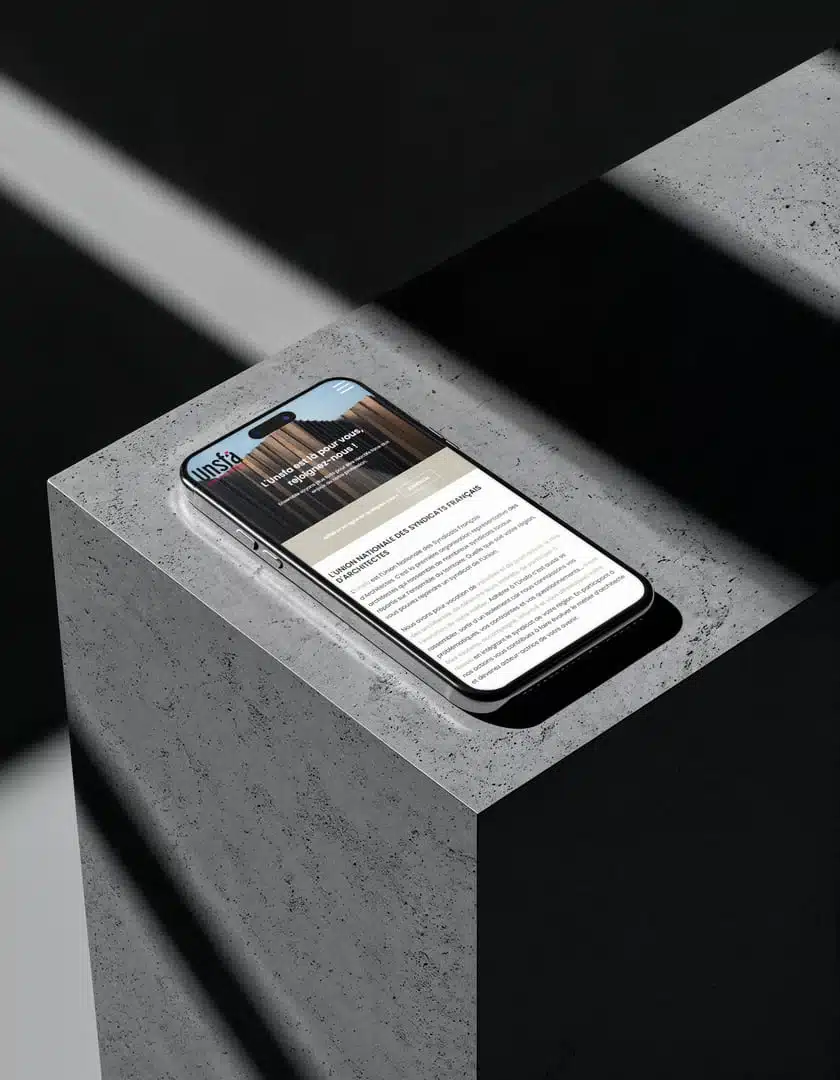 site-UNSFA-version-mobile Smartphone posé sur un bloc en béton, affichant la version mobile du site de l’UNSFA avec visuel d’en-tête et texte descriptif, éclairé par une lumière directionnelle créant de forts contrastes ; illustration utilisée dans un contexte lié à la création de plateforme de gestion d’adhérents
