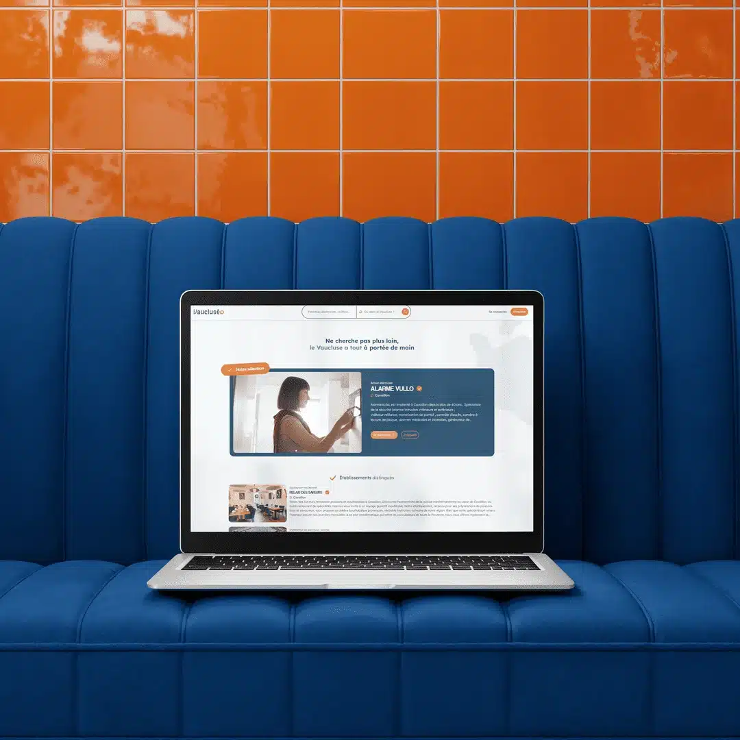 vaucluseo-desktop Ordinateur portable posé sur un canapé bleu affichant la plateforme Vaucluséo, illustrant un projet de développement de plateforme sur mesure réalisé par l’agence Azuracom