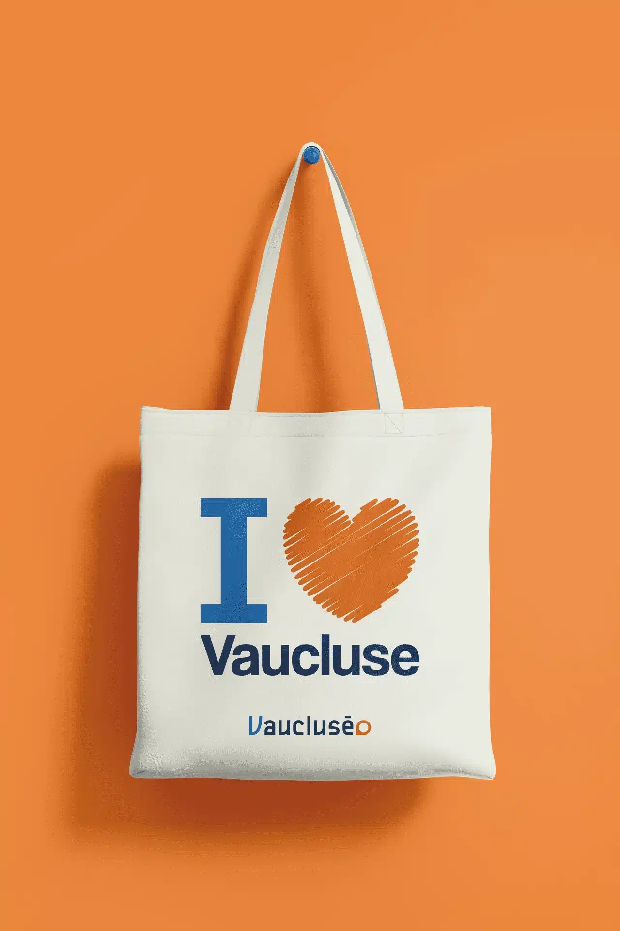 vaucluseo-totebag Tote bag accroché à un mur orange avec l’inscription “I love Vaucluse” et le logo Vaucluséo, illustrant la plateforme développée sur mesure par Azuracom.